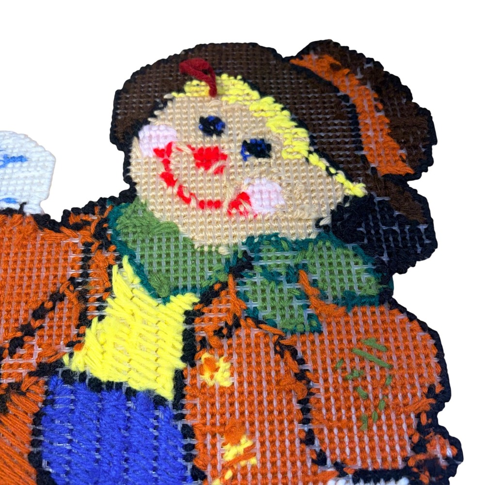 VTG Handmade Yarn Needlepoint Witch Ghost Scarecrow Tombstone Wall Hanging Decor - Picture 6 of 12